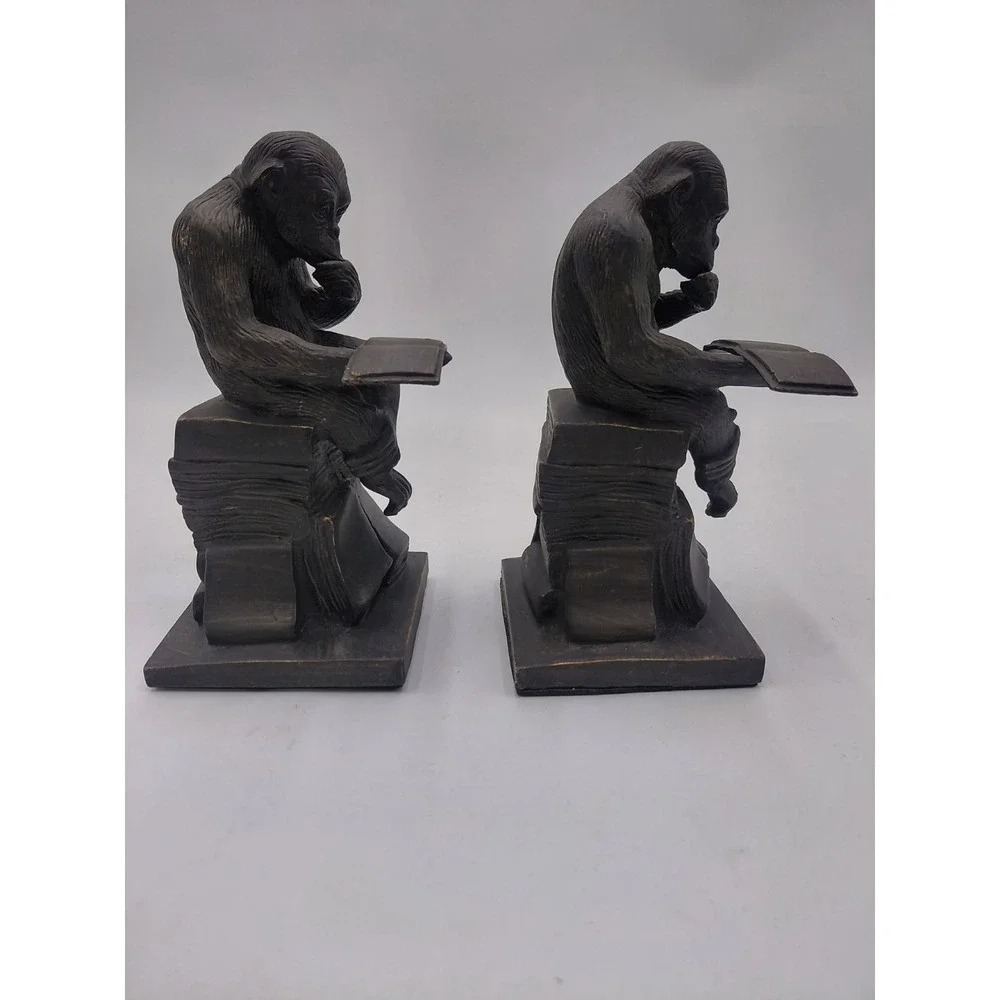 Vtg 2 Monkeys Reading Book Bookends The Thinker Ape Nature 7.5